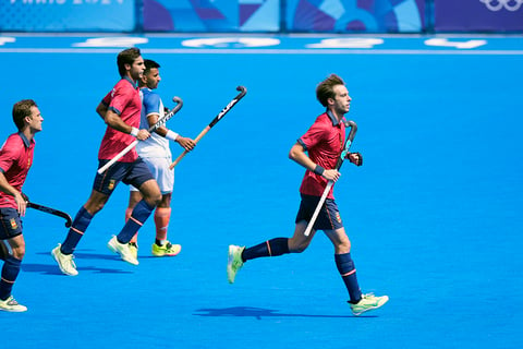 Spain's Marc Miralles, right, celebrates after scoring his side's first goal against India